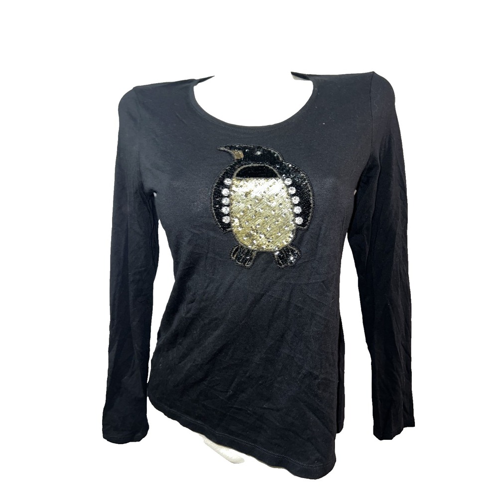 Zenergy by Chicos Womens Black Sequin Penguin Long Sleeve Top Size S (0) Small